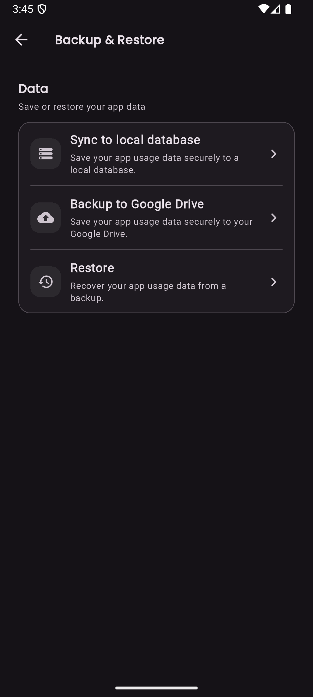 LessIsMore backup and restore screen