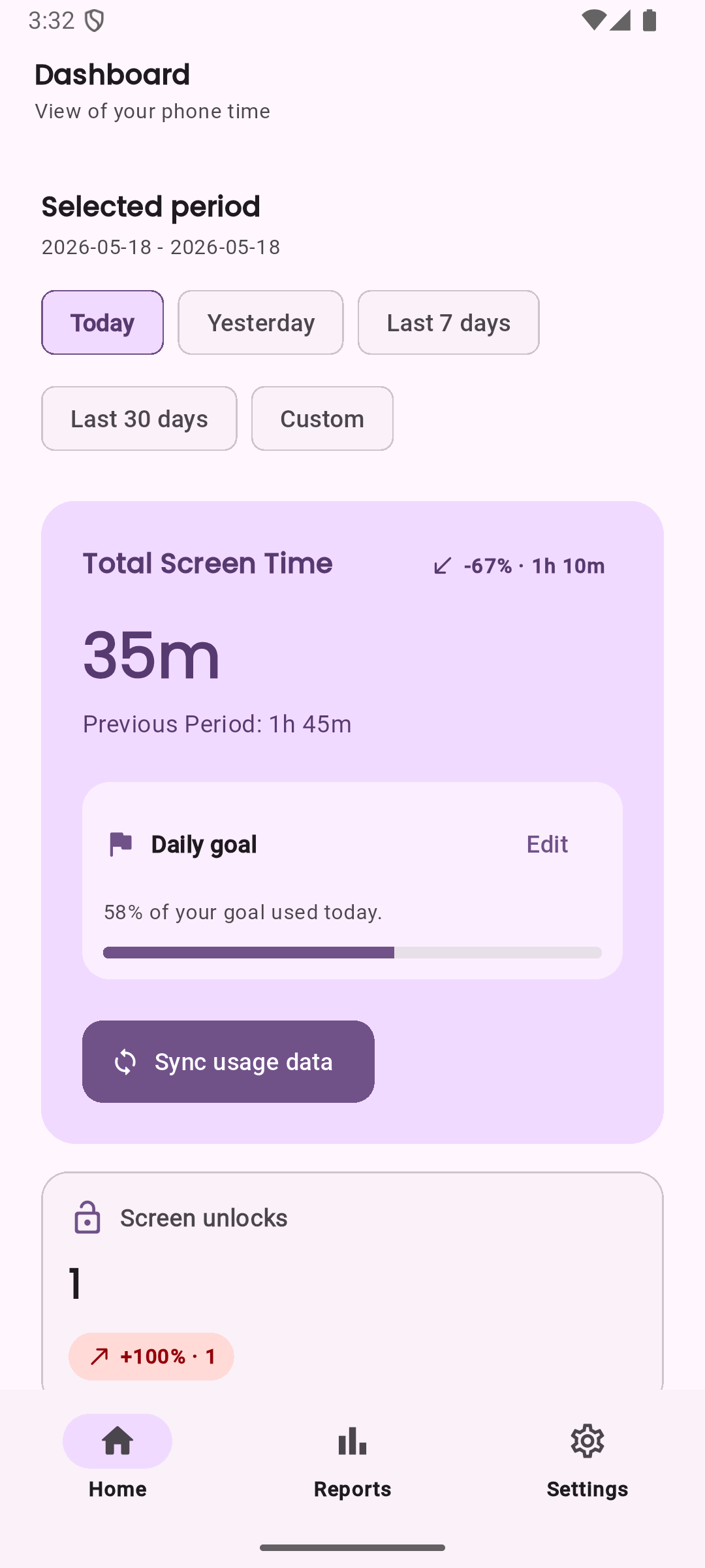 LessIsMore dashboard screen showing total screen time