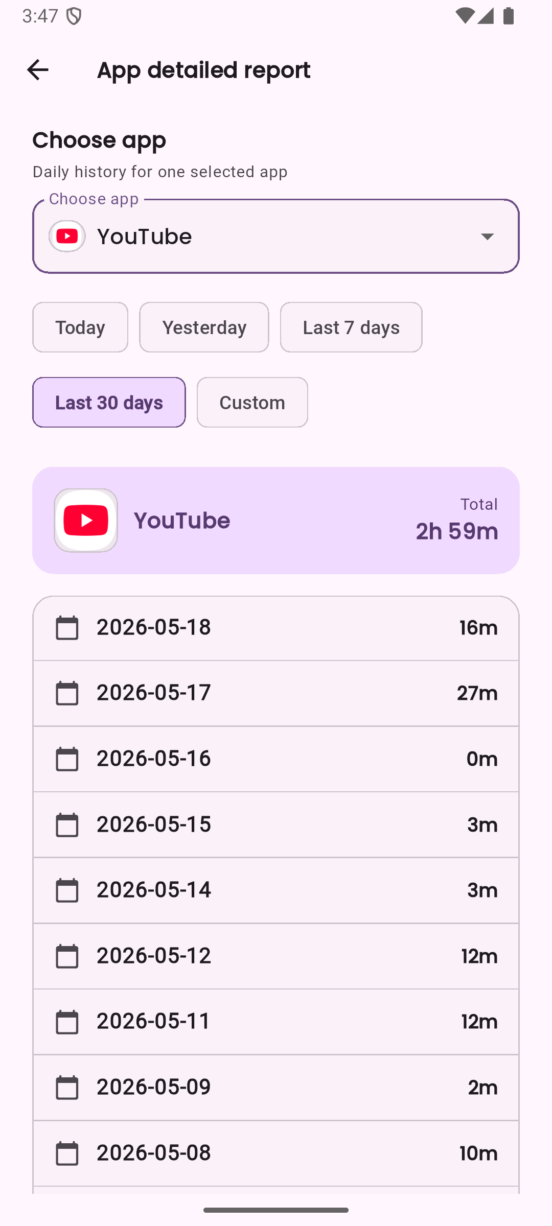 LessIsMore detailed app report screen