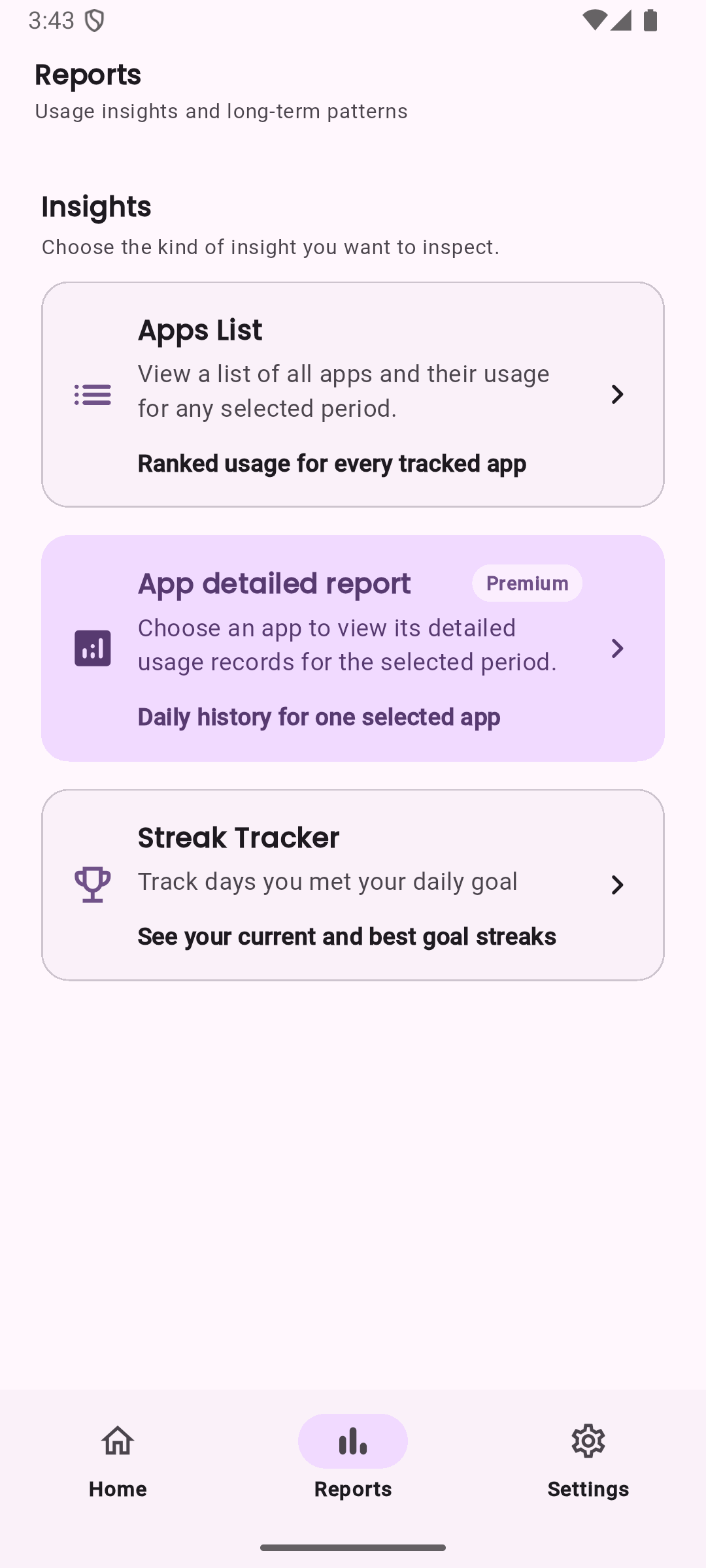 LessIsMore usage reports screen