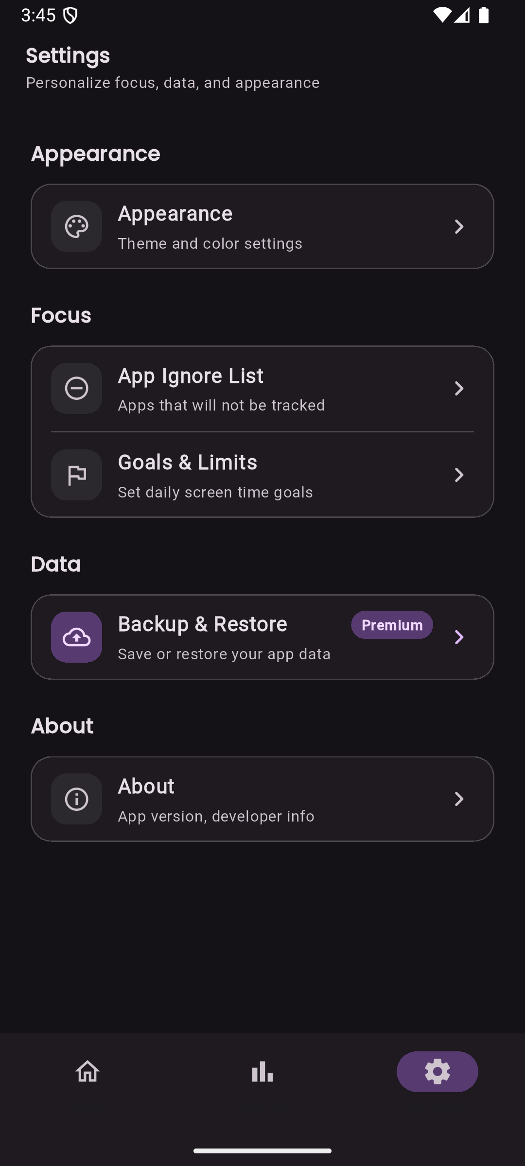 LessIsMore settings and privacy controls screen