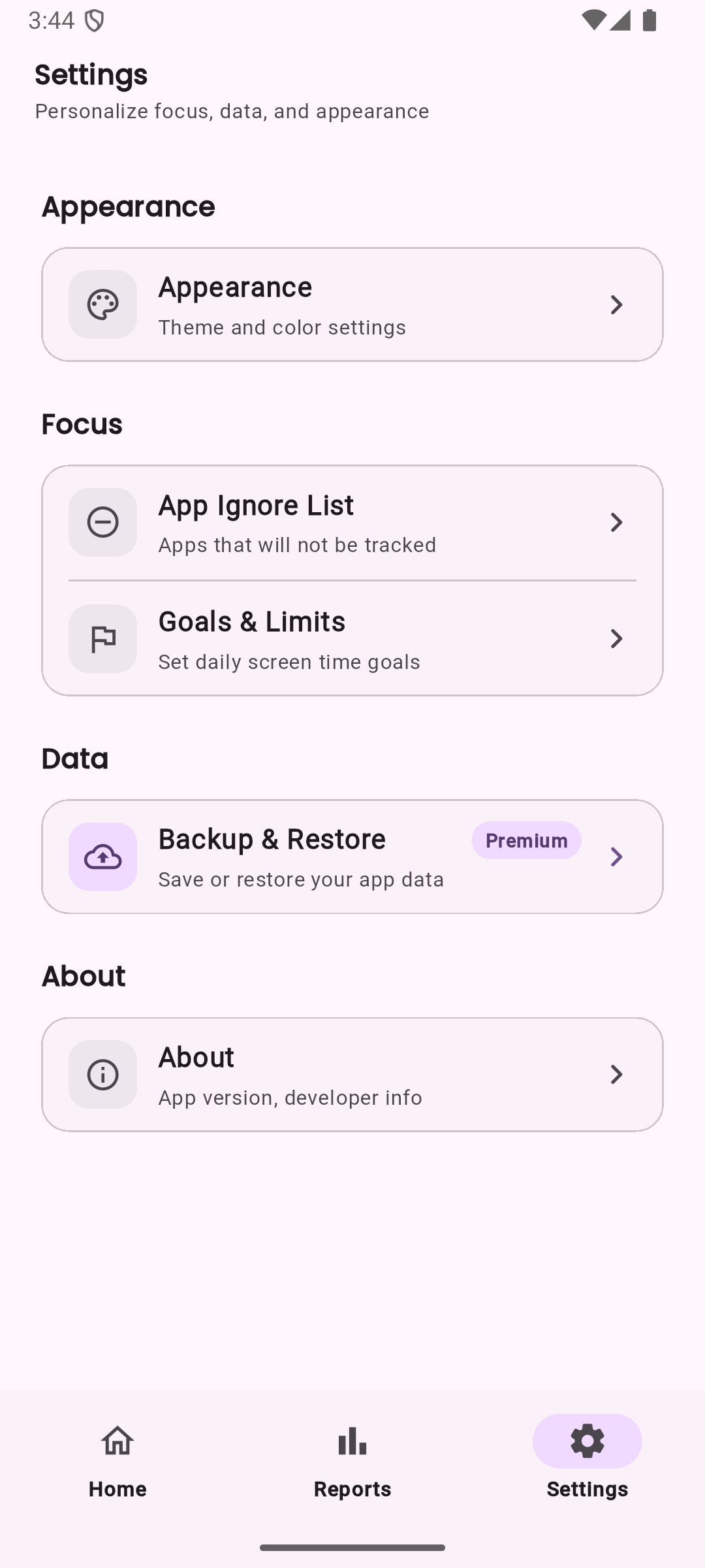 LessIsMore settings and privacy controls screen